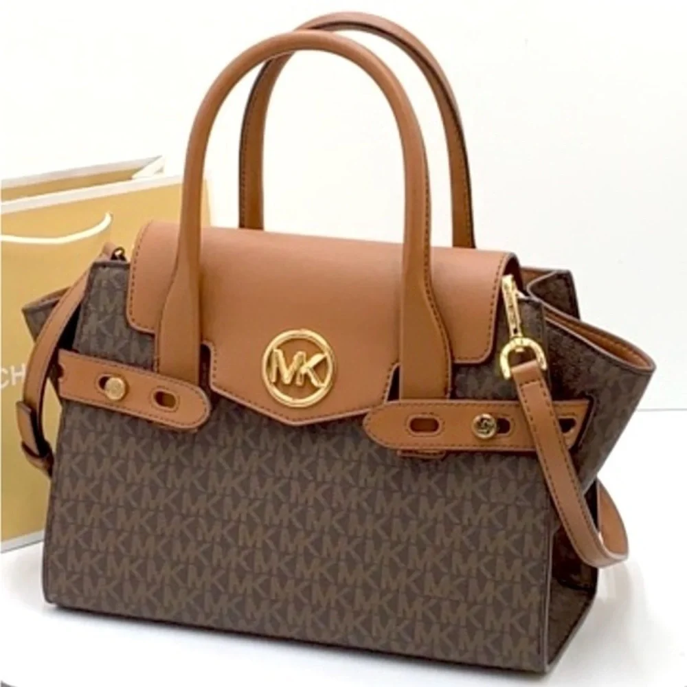 MICHAEL KORS Carmen Medium Faux Leather Belted Satchel Brown Signature color